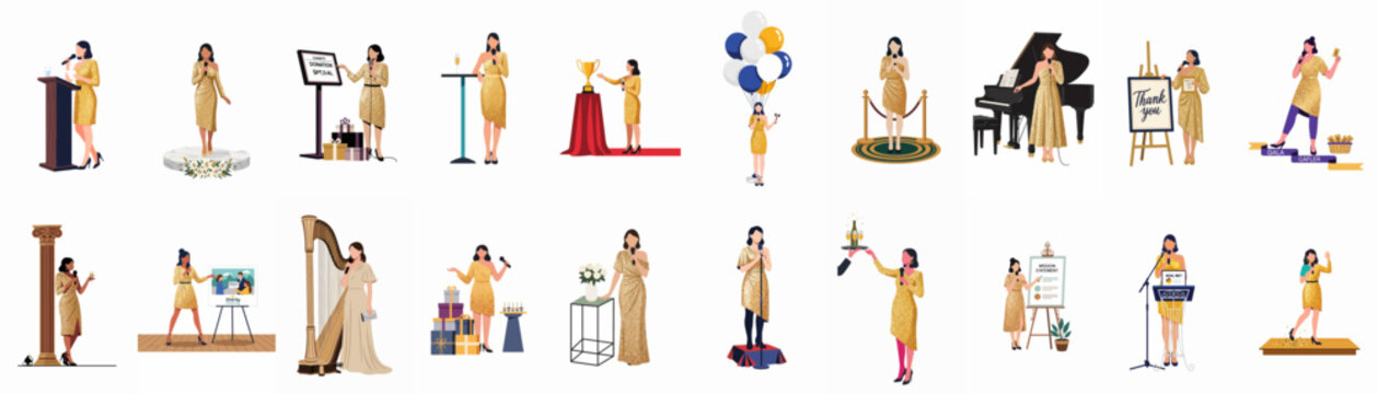 Vector illustrations of a woman in a gold dress hosting various activities at a formal charity gala dinner and fundraiser event.