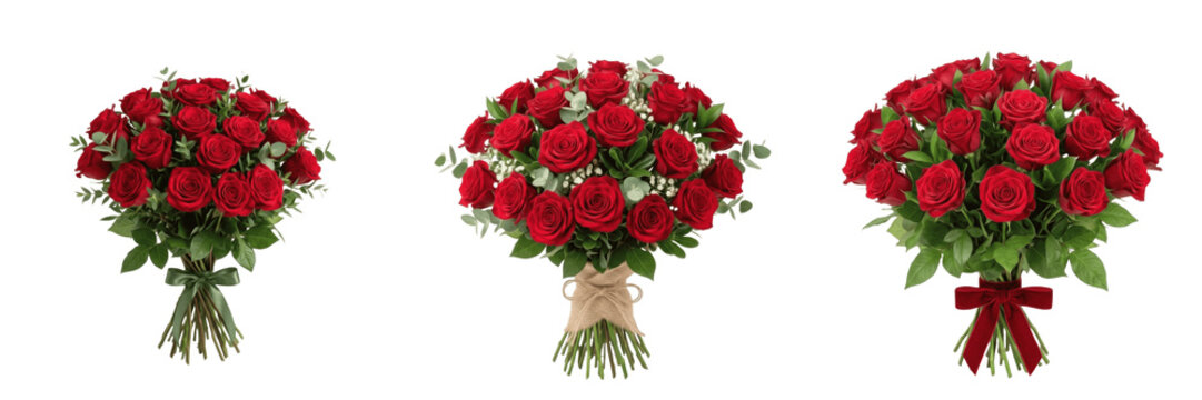 Romantic Red Rose Bouquet Wrapped in Burlap Isolated on Transparent Background, Valentines Day Flower Gift PNG, Love Floral Arrangement.