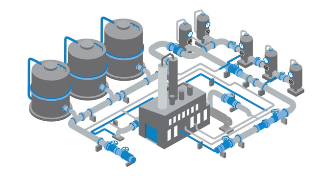Isometric Illustration of Industrial Water Treatment Plant System.