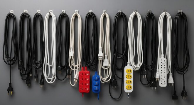 Neatly arranged and coiled electrical power cords and extension blocks hanging on a wall