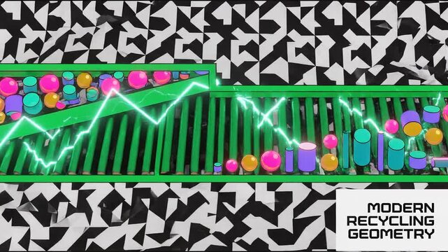 Green zigzag energy line over colorful cylinders and spheres