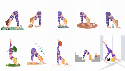 Obraz premium Set of illustrations depicting a young woman performing various yoga poses and stretches in different indoor and outdoor environments.