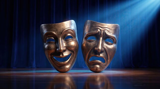 Drama Masks: A pair of golden theatre masks, one embodying joy and the other sadness, rest on a stage with a dramatic spotlight, representing the duality of human emotions and the art of performance.