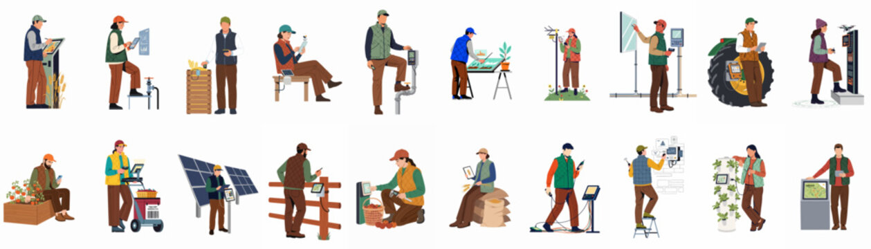 Collection of smart farming and agritech illustrations showing modern farmers using digital technology, drones, and automation for precision agriculture and sustainable crop management.