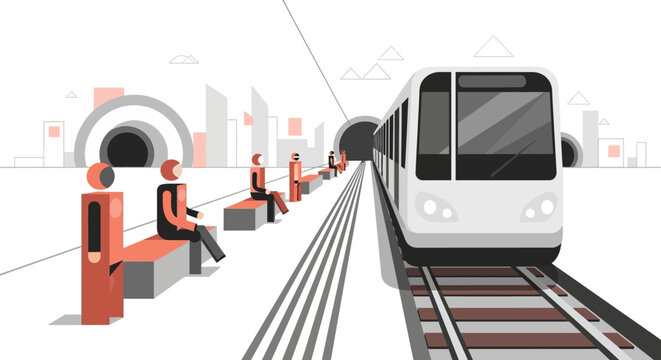Modern subway station with train arriving and people waiting on platform, urban transport concept