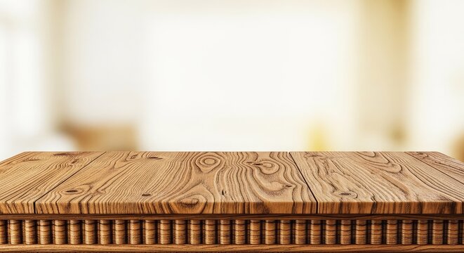 Mesa de madeira r&uacute;stica com detalhe de friso elegante, superf&iacute;cie texturizada e fundo suavemente desfocado em tons quentes naturais, desfocado, n&iacute;tido, r&uacute;stico