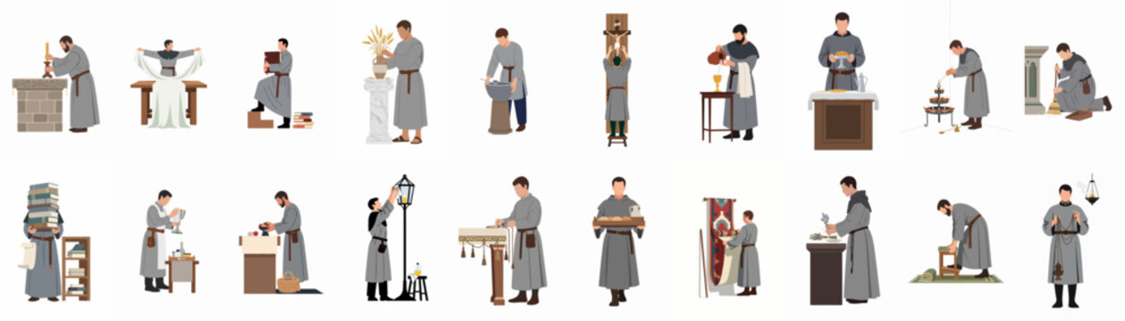 Set of illustrations depicting medieval monks and sacristans performing various daily tasks, chores, and religious duties within a monastery or church setting.