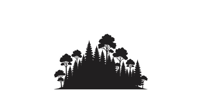 Silhouette of a dense forest with various evergreen trees against white background
