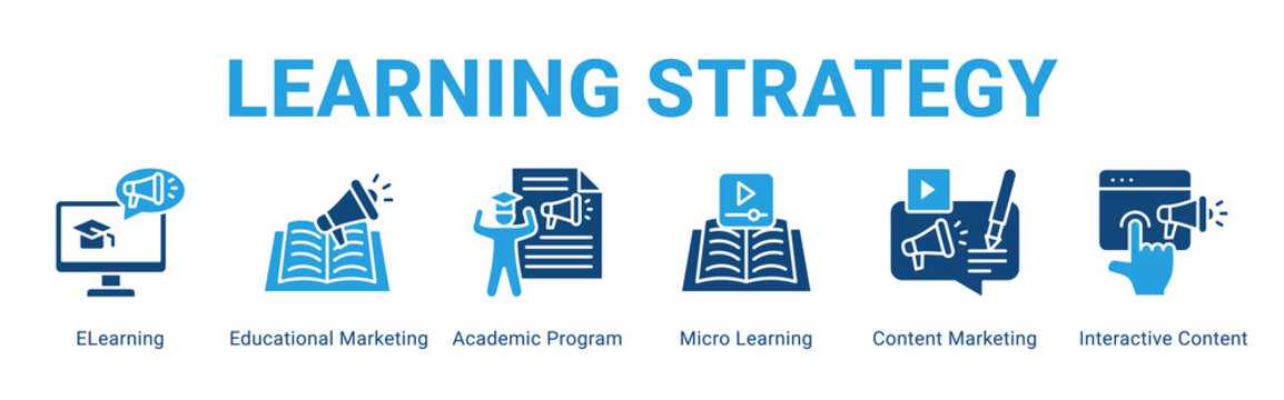 Learning Strategy web banner icon concept,  with ELearning, Educational Marketing, Academic Program, Micro Learning, Content Marketing, Interactive Content.