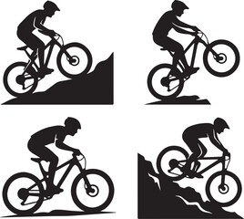 Obraz premium Mountain biking silhouettes, black vector icons, cyclist riding bike, outdoor sports graphics