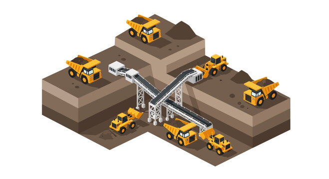 Isometric Illustration of Mining Trucks and Infrastructure at Work.