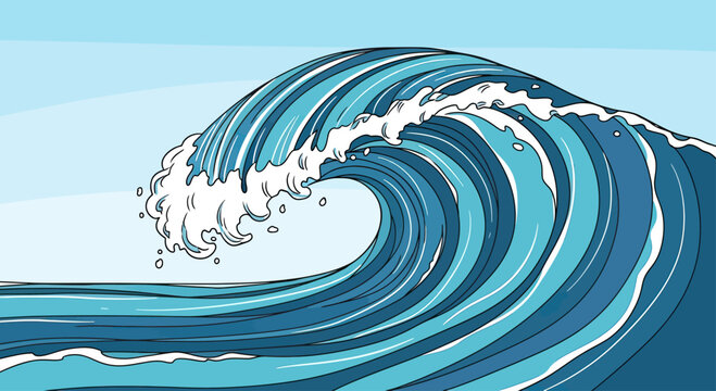 A powerful, blue ocean wave crests and curls against a light blue sky