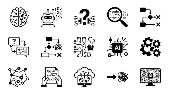 Artificial intelligence icons machine learning concepts and data science symbols flat vector illustration isolated on white background.