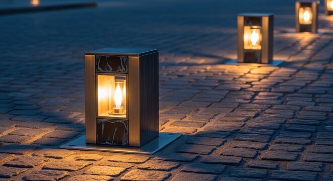 Modern brushed metal bollard lights illuminating cobblestone path at night
