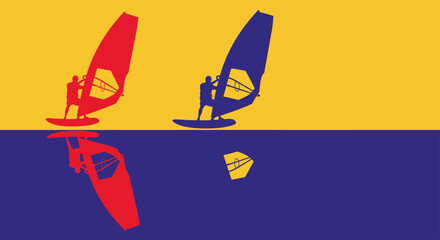 Two windsurfers in silhouette, one red and one blue, against a yellow and blue background with reflections © Sendal