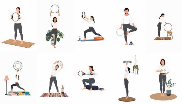 Set of minimalist flat illustrations showing women performing various yoga and pilates exercises using a magic circle or pilates ring.
