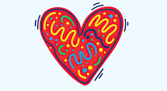 Whimsical red heart adorned with colorful squiggles, dots, and playful lines