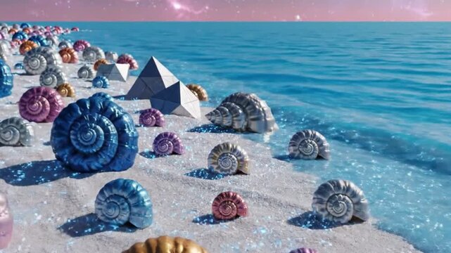 Surreal Beach with Colorful Shells and Geometric Shapes, Cosmic Sky