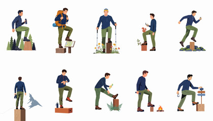 Fototapeta premium Set of flat vector illustrations featuring a male hiker participating in various outdoor activities like trekking, navigating, camping, and mountain climbing.