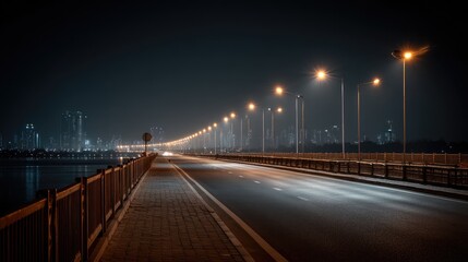 Fototapeta premium Serene Night View of a Bridge with Streetlights Illuminating the Path Over Water and City Skyline in the Background
