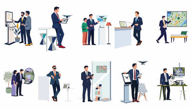 Set of flat illustrations showing real estate professionals using modern technology like drones, VR headsets, and digital displays for property sales and presentations.