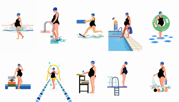 Flat vector illustration set of a pregnant woman practicing various swimming and exercise activities at an indoor pool for prenatal fitness.