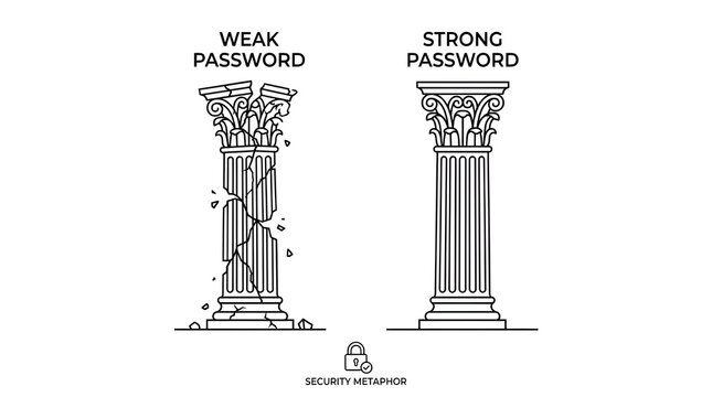 Weak vs. Strong Password Security Metaphor, a conceptual illustration of digital protection. Broken and intact ancient columns representing data vulnerability and robust online safety