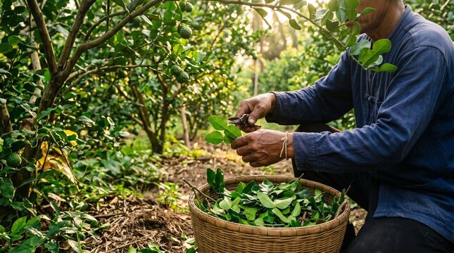 Authentic kaffir lime leaf harvesting scene for agriculture campaigns, organic farming branding, culinary tourism, and herbal ingredient promotions.