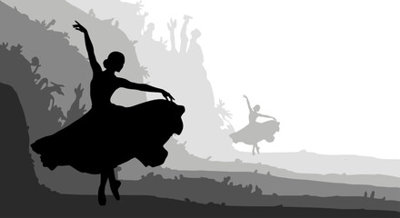 Two silhouetted ballerinas gracefully pose amidst layered, misty landscapes © Sendal
