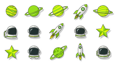 Cute Space Icons: Rockets, Planets, Astronauts, Stars - Green & White Cartoon Style © selang
