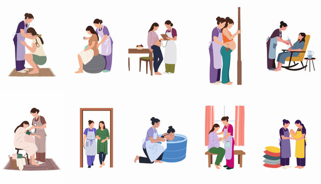 Set of Flat Vector Illustrations Depicting Professional Doula and Midwife Support for Expectant Mothers During Labor and Childbirth
