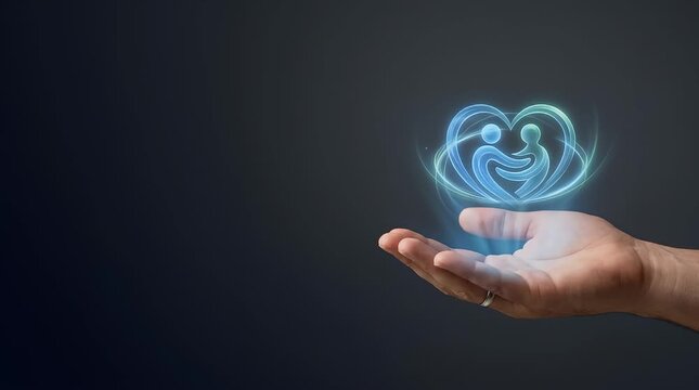 A blurred background reveals a hand gently reaching toward a glowing heart-shaped hologram, as the UI elements animate. The scene settles with a soft glow, emphasizing connection and warmth.