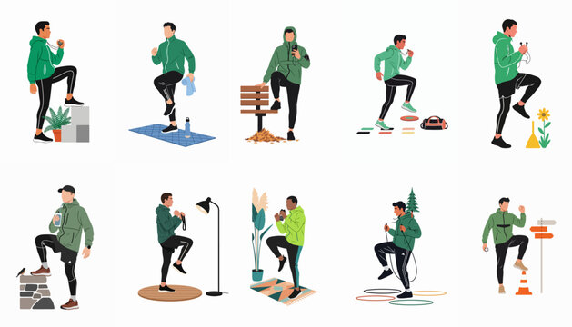 Collection of flat vector illustrations featuring men in green activewear performing various indoor and outdoor fitness exercises and workout routines.