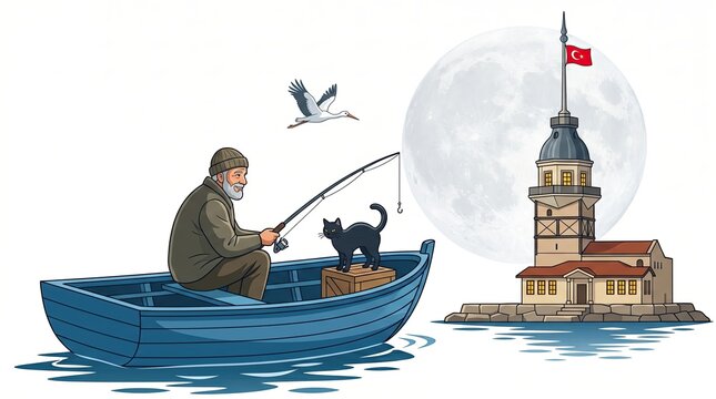 Fishing by the Maiden's Tower: An elder fishes in a rowboat with his cat, beside the iconic Maiden's Tower, under the silvery gaze of the moon. This scene captures a moment of peace, tradition.