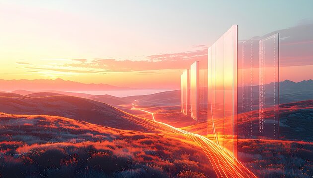 夕日の光を浴びる山脈とデジタルシールドの壁 / Abstract digital glass pillars on a grassy mountain landscape at sunset (Generative AI)