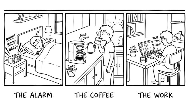 Daily routine comic strip, a black and white illustration of morning rituals, from alarm clock to coffee and work, depicting everyday life and productivity.