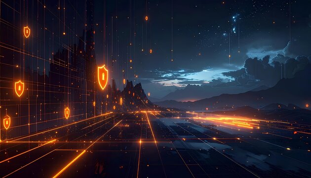 夜のデジタル風景に浮かぶ琥珀色のセキュリティシールド / Abstract cybersecurity landscape with glowing amber shields at night (Generative AI)