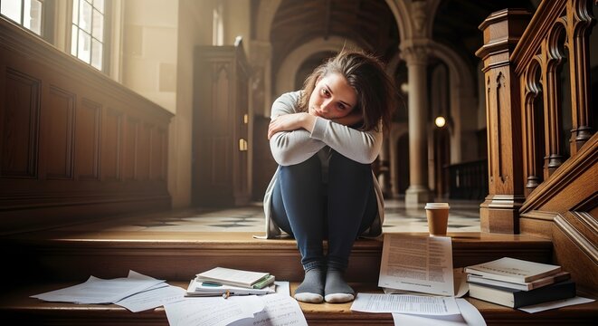 Student contemplating study in empty classroom setting
