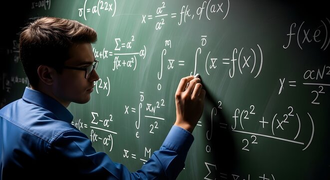 Student solving complex mathematical equations on a chalkboard