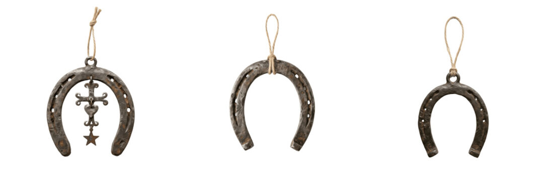 Vintage Rusty Iron Horseshoe Isolated on Transparent Background, Antique Horse Shoe PNG, Rustic Farm and Western Style Decor Element.