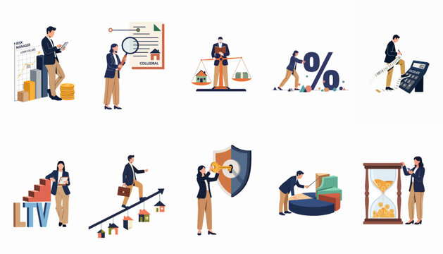 Set of financial and real estate illustrations covering concepts like risk management, mortgage loans, interest rates, collateral evaluation, and loan calculation.