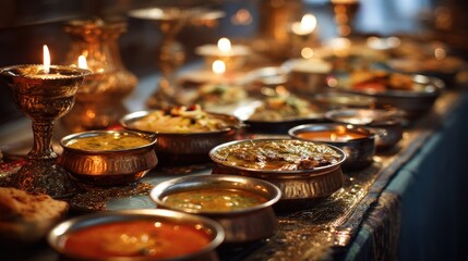 Fototapeta premium Traditional Indian Feast with Colorful Curry Dishes, Candles and Brass Utensils for a Festive Atmosphere in a Cultural Dining Setting