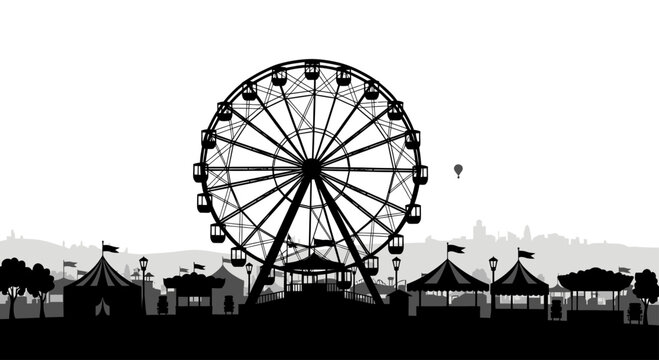 Black silhouette of a Ferris wheel dominates a festive fairground with tents, stalls, and a distant cityscape