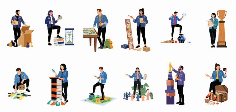 Diverse characters engaged in various tabletop gaming activities, featuring board games, figurines, dice, and trophies in a flat vector illustration style.