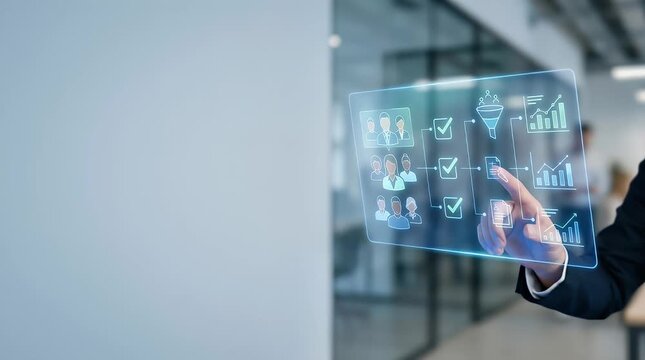Businessman touching digital interface with business analytics icons and checkmarks on transparent screen