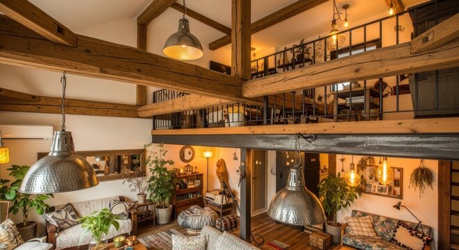 Rustic modern loft interior with exposed wooden beams and industrial lighting, offering a warm and inviting living space