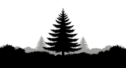 A tall black silhouette of a pine tree stands against a white background, with smaller gray trees behind it and a dark grassy foreground © Sendal