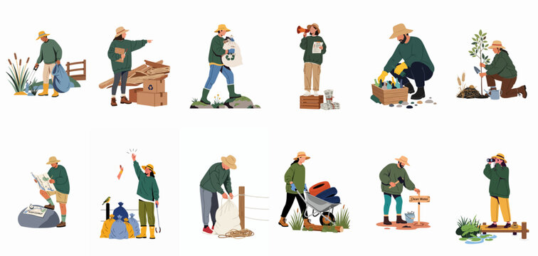 Flat vector illustration of a diverse group of community volunteers engaged in various environmental activities like cleaning, planting, and recycling.