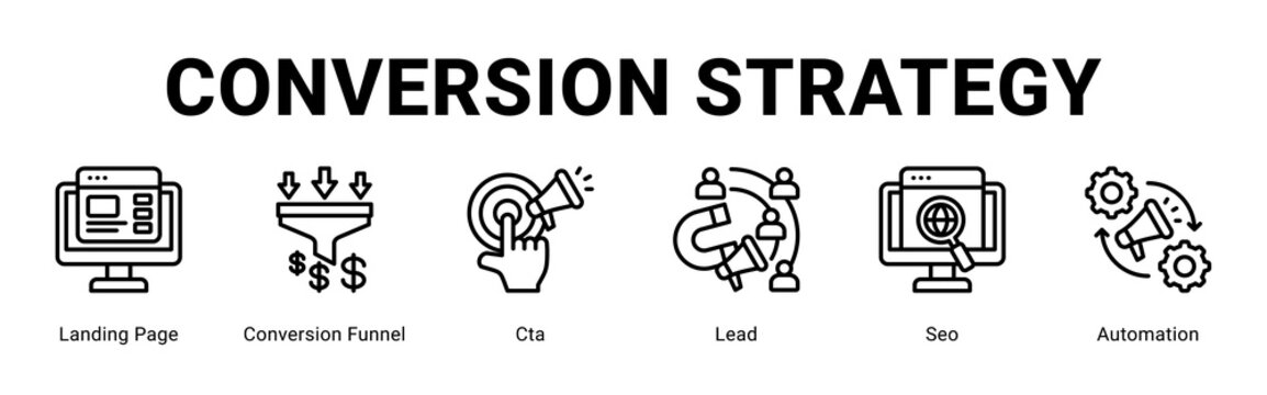 Conversion Strategy web banner icon concept,  with Landing Page, Conversion Funnel, Cta, Lead, Seo, Au.