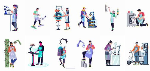 Fototapeta premium Collection of vector illustrations depicting people and robots working together in a futuristic, smart coffee shop and production environment.